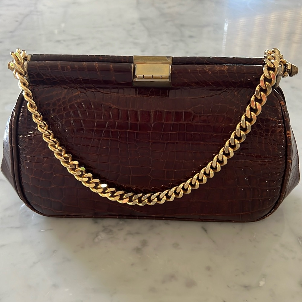 Vintage Embossed Leather Alligator Crocodile Bag Gold Chain Handle and Hardware